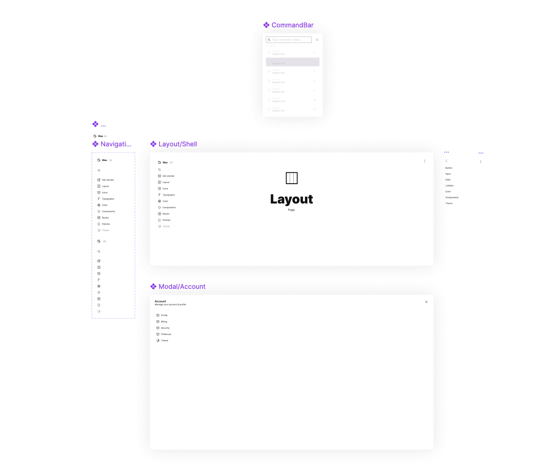 Wax — documentation and layout concept showing a block-based composition model built on Honey's token layer