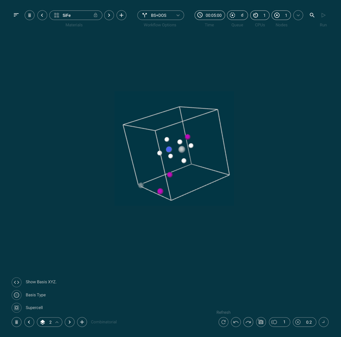 3D crystal-lattice visualisation — the scientific subject of the product, made legible inside the UI