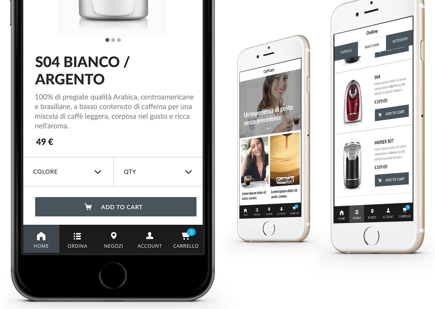 Caffitaly companion app — multi-screen mockup
