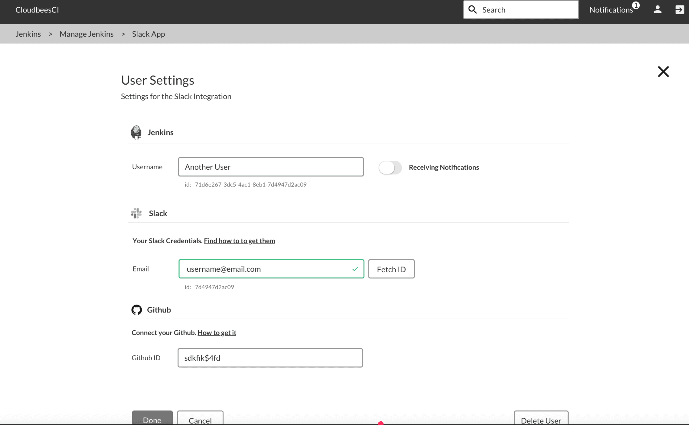 CloudBees CI Slack plugin — per-user identity settings modal