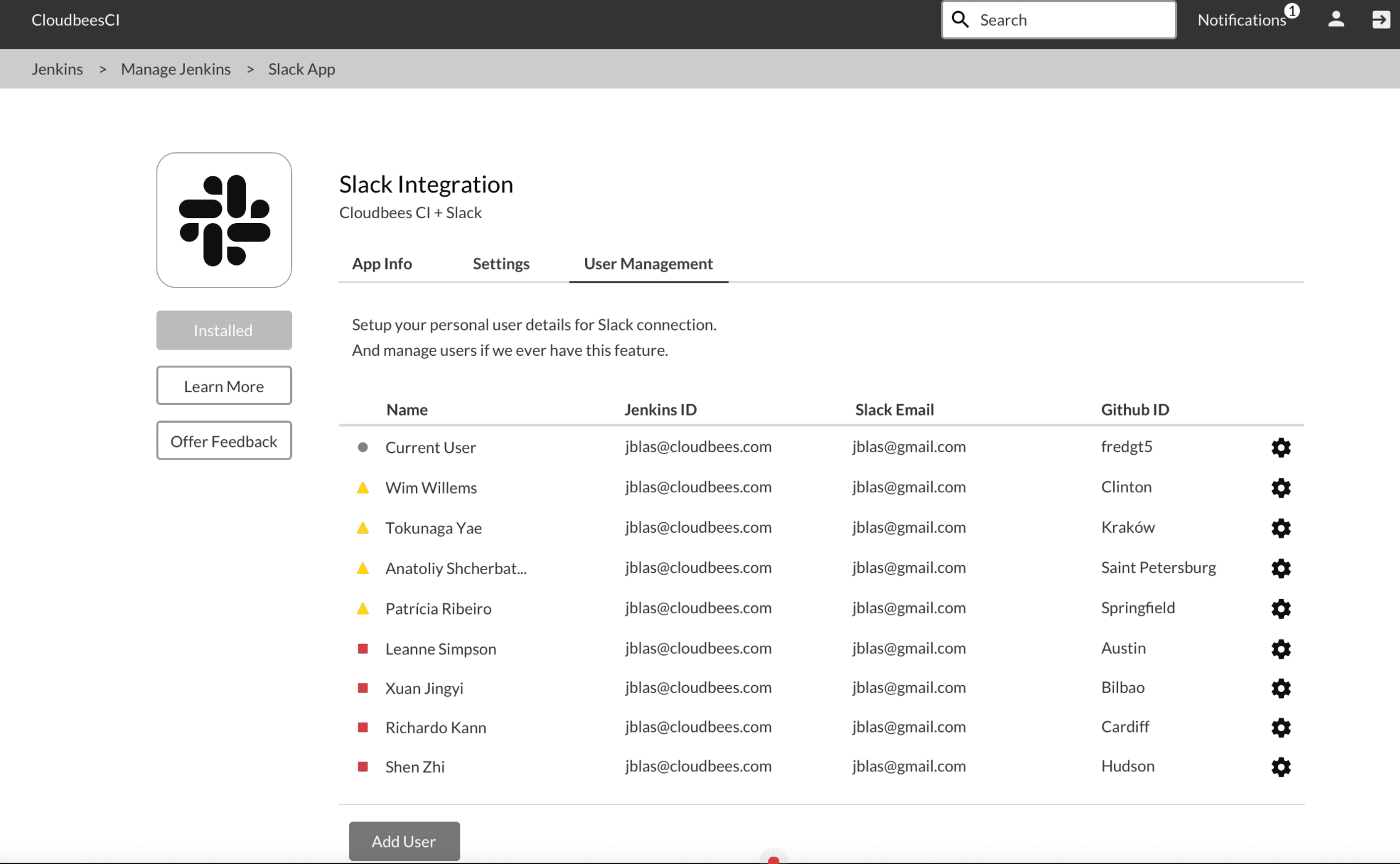 CloudBees CI Slack plugin — admin user management table