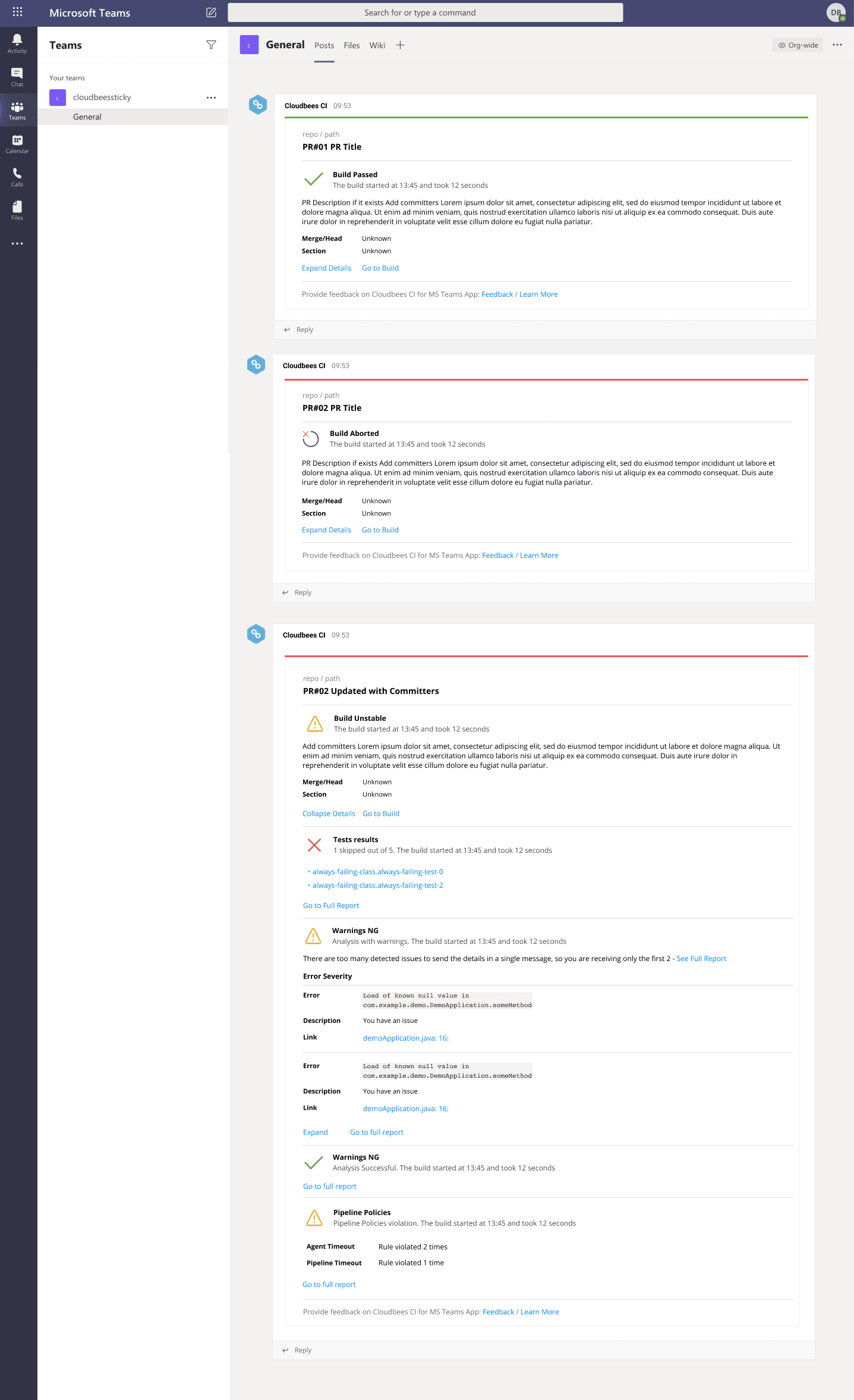 CloudBees CI Microsoft Teams plugin — build notifications with expandable details