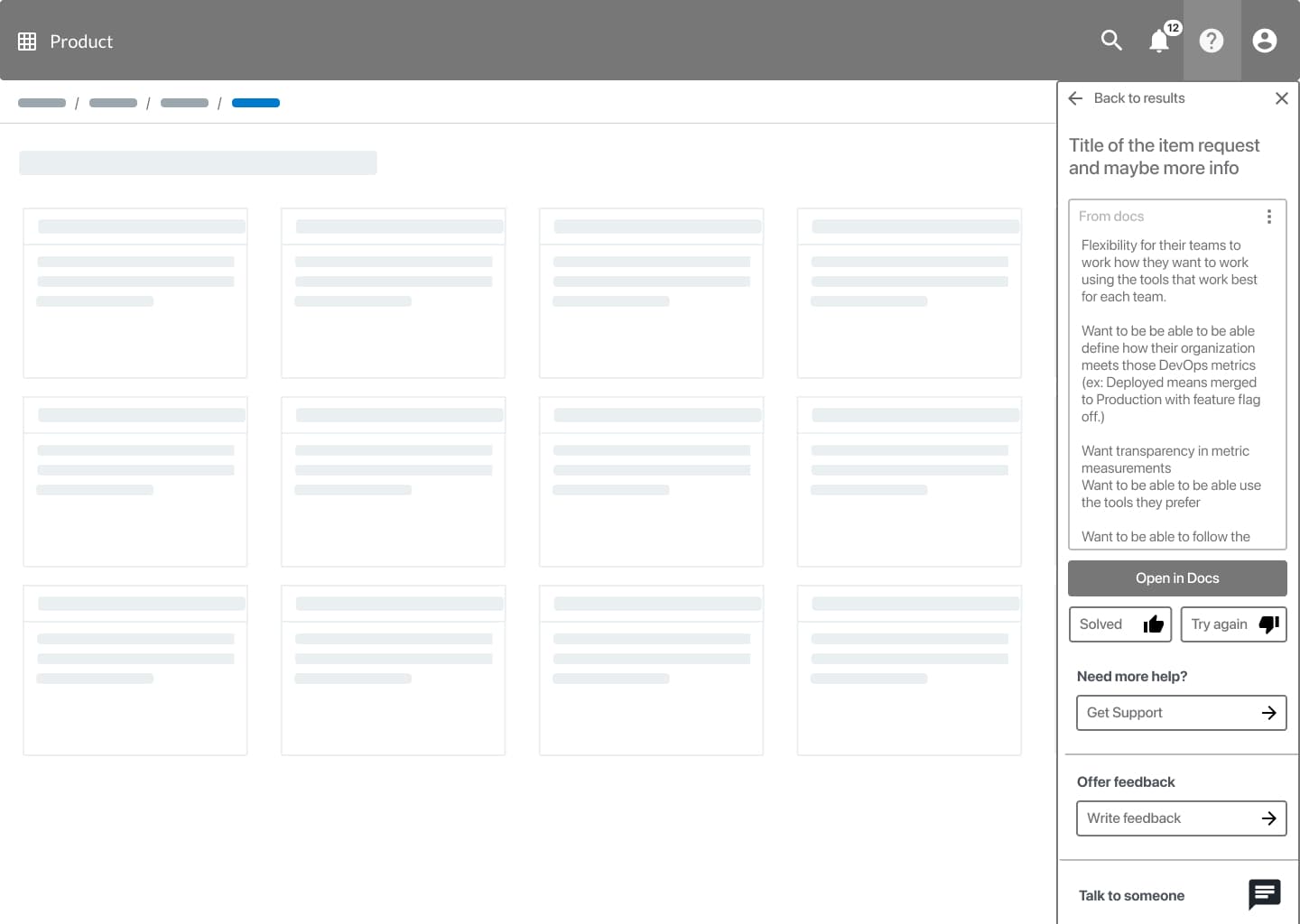 CloudBees PLI — help doc rendered inline in the panel with open in docs CTA, solved/try again feedback, and get support escalation