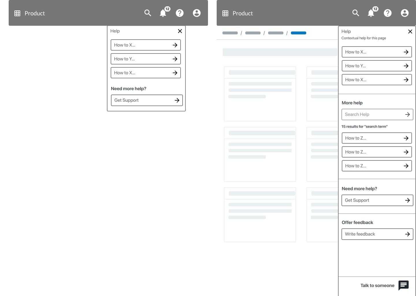 CloudBees PLI — two help panel variants: basic dropdown vs contextual page-aware panel with help overlay toggle