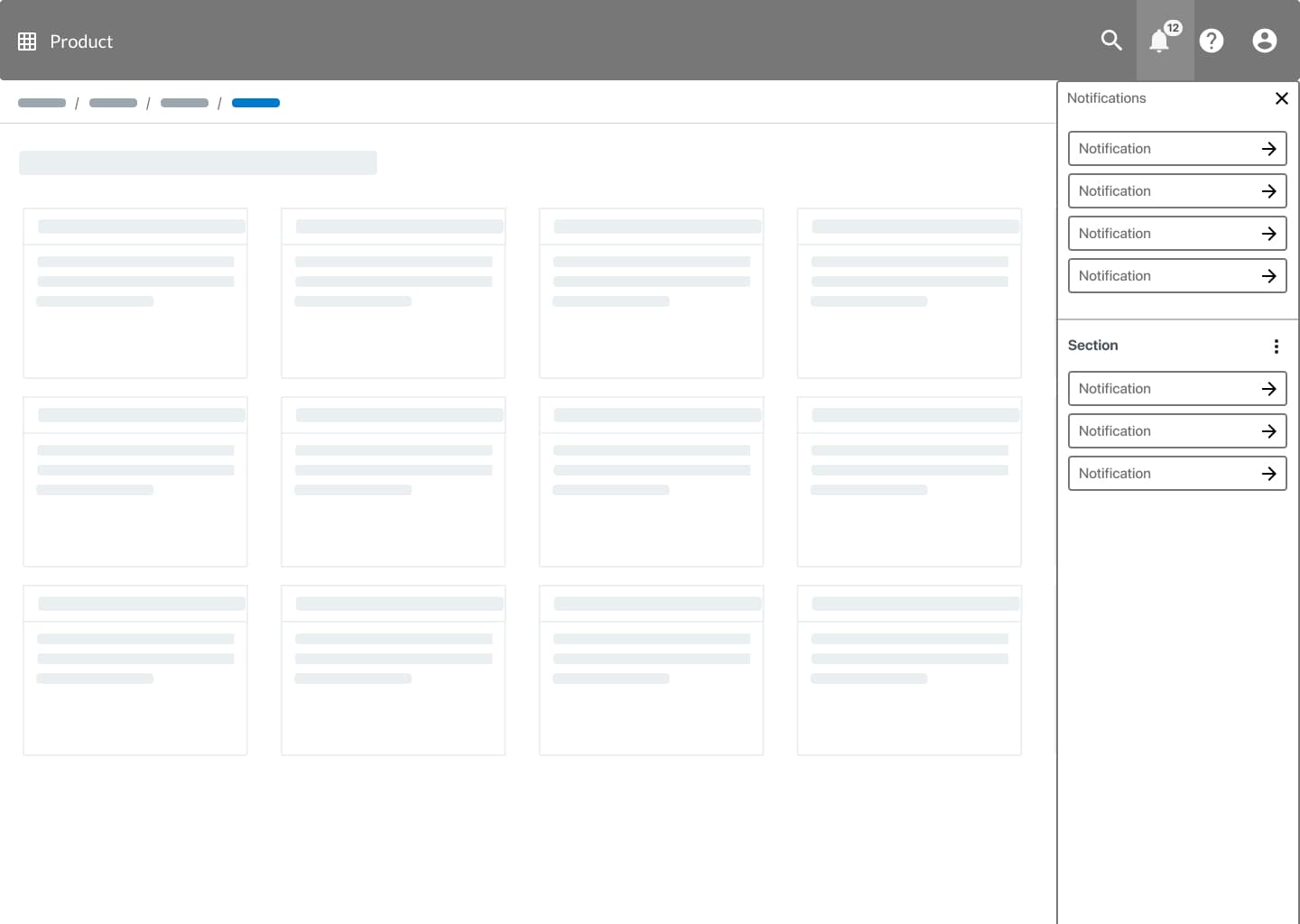 CloudBees PLI — notifications right panel with grouped sections and arrow-link items