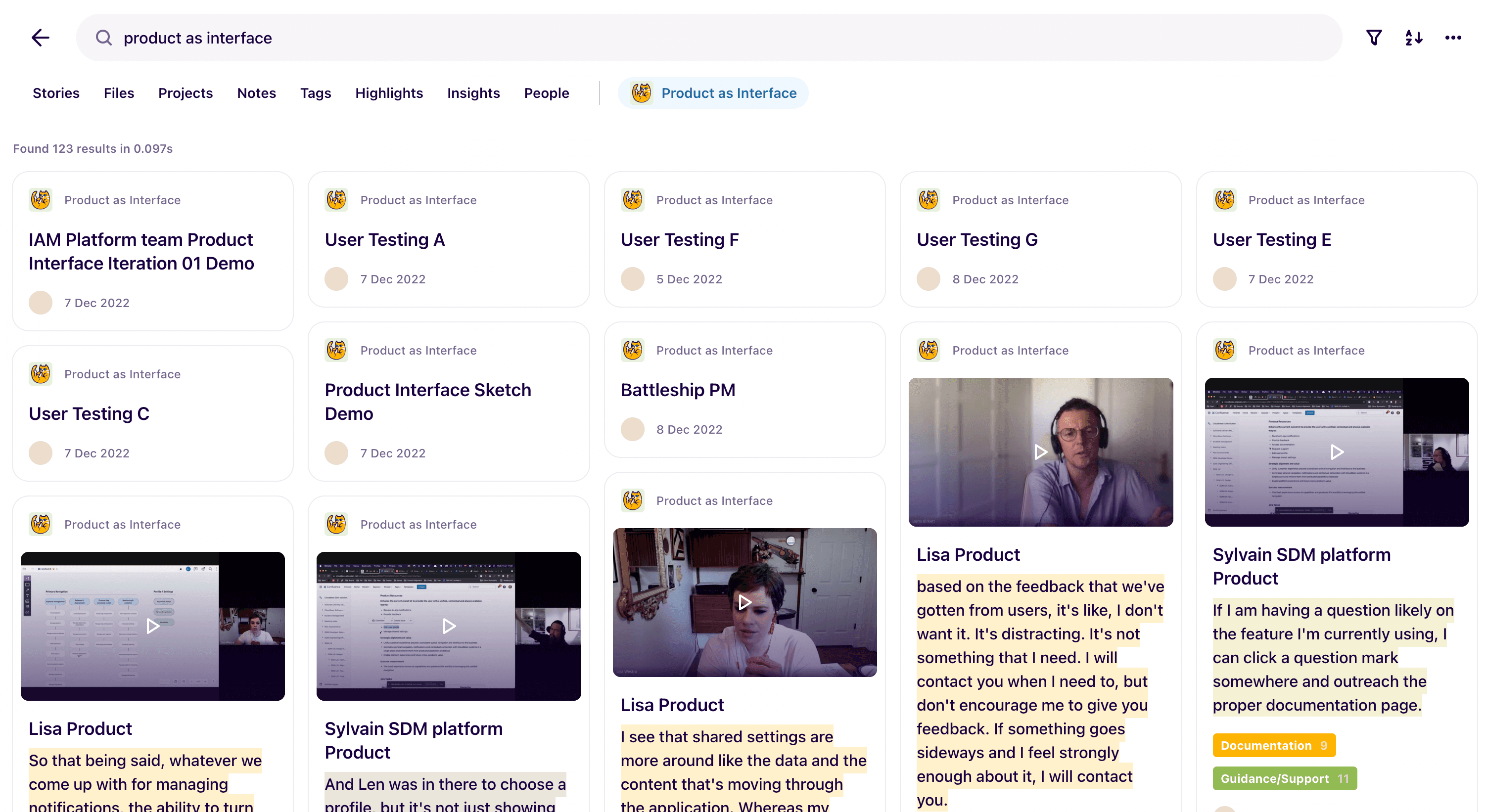 CloudBees PLI — Dovetail research repository showing user testing sessions for the Product as Interface initiative