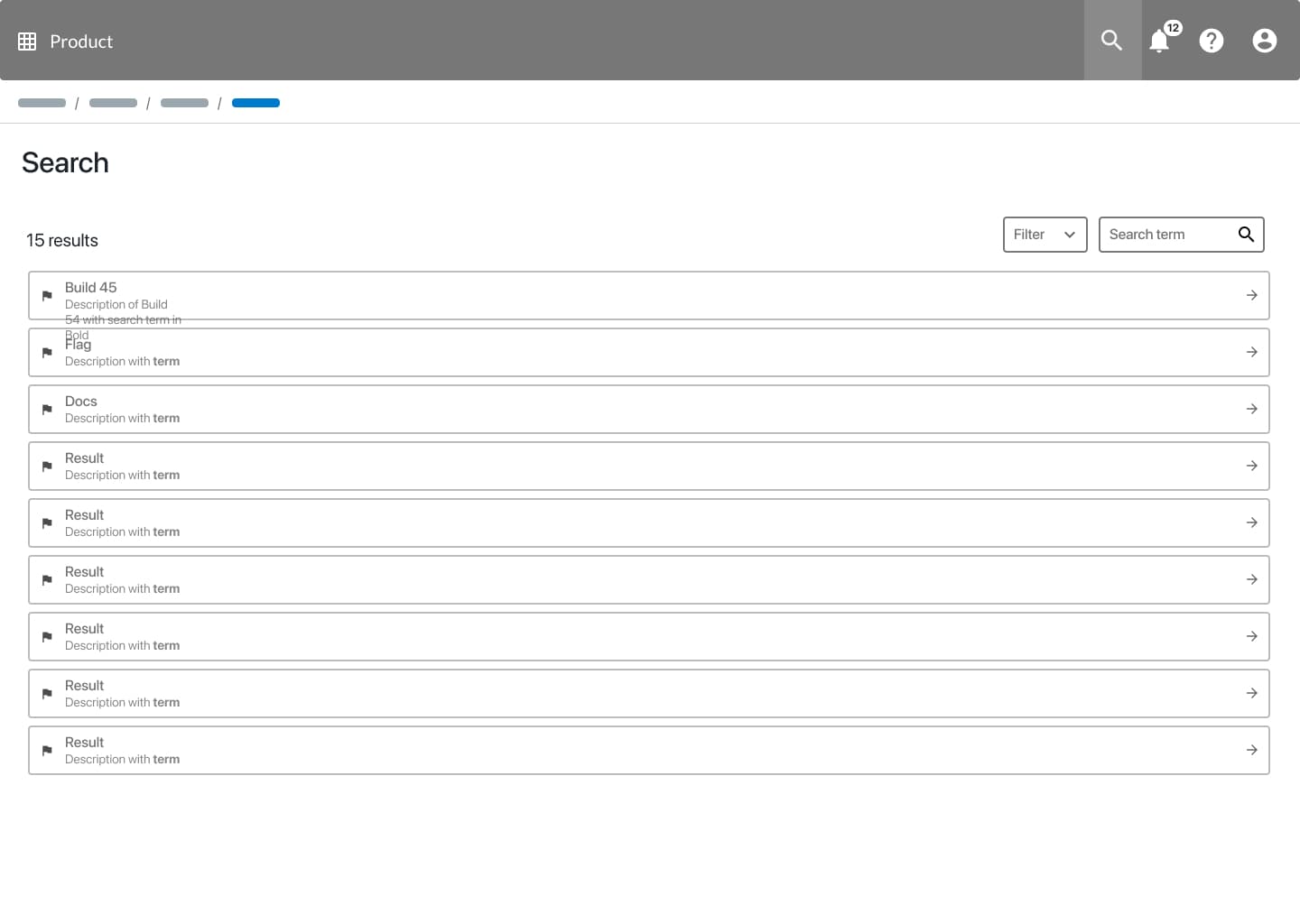 CloudBees PLI — full search results page with filter dropdown and 15 results using the normalised list template