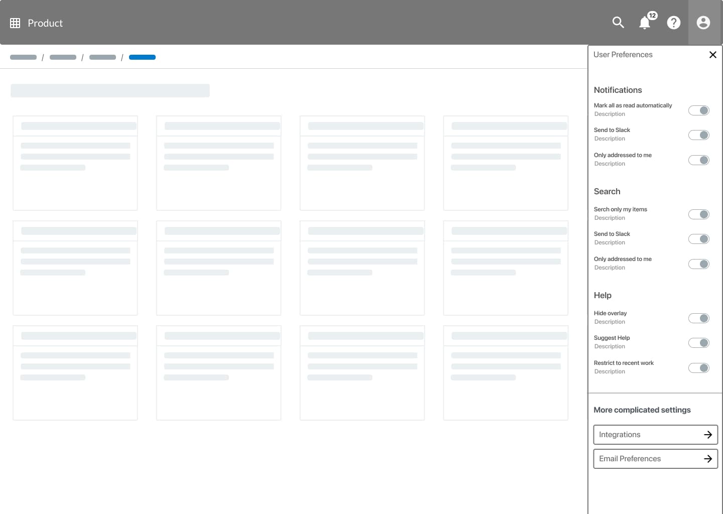 CloudBees PLI — user preferences panel unifying notification, search, and help settings with toggle controls and integrations link