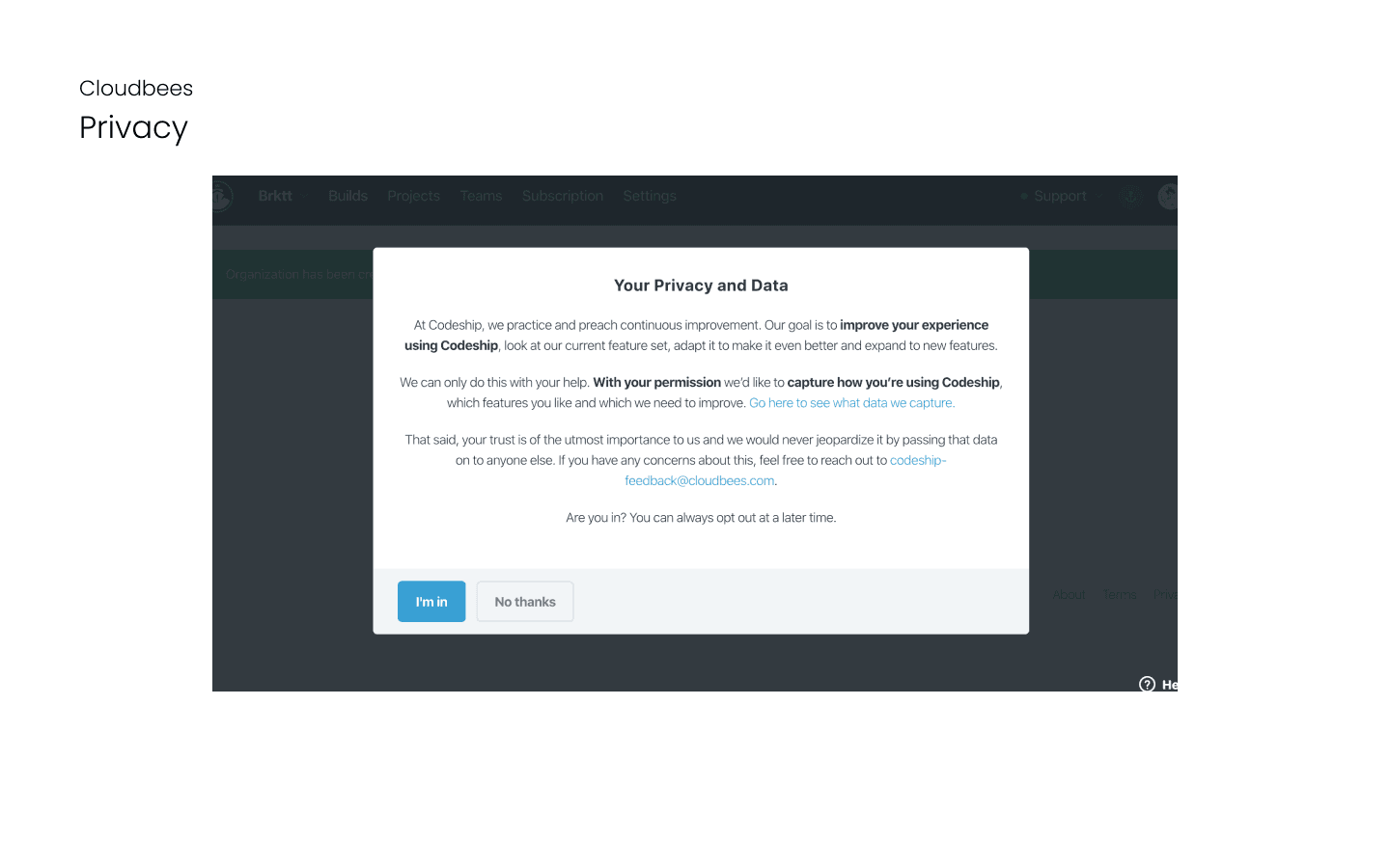 Codeship — current privacy settings screen