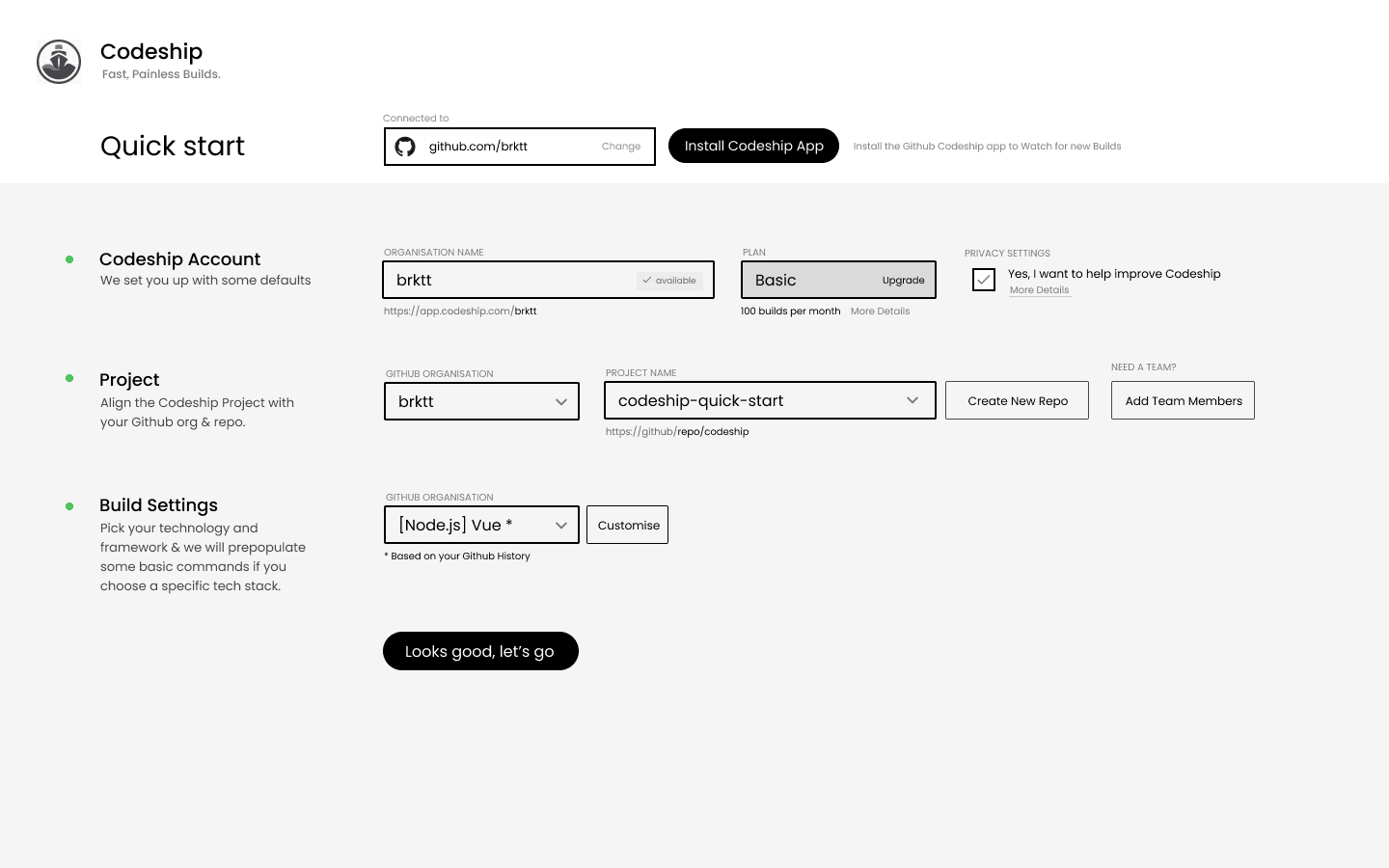 Codeship — quick-start wizard, single-page setup
