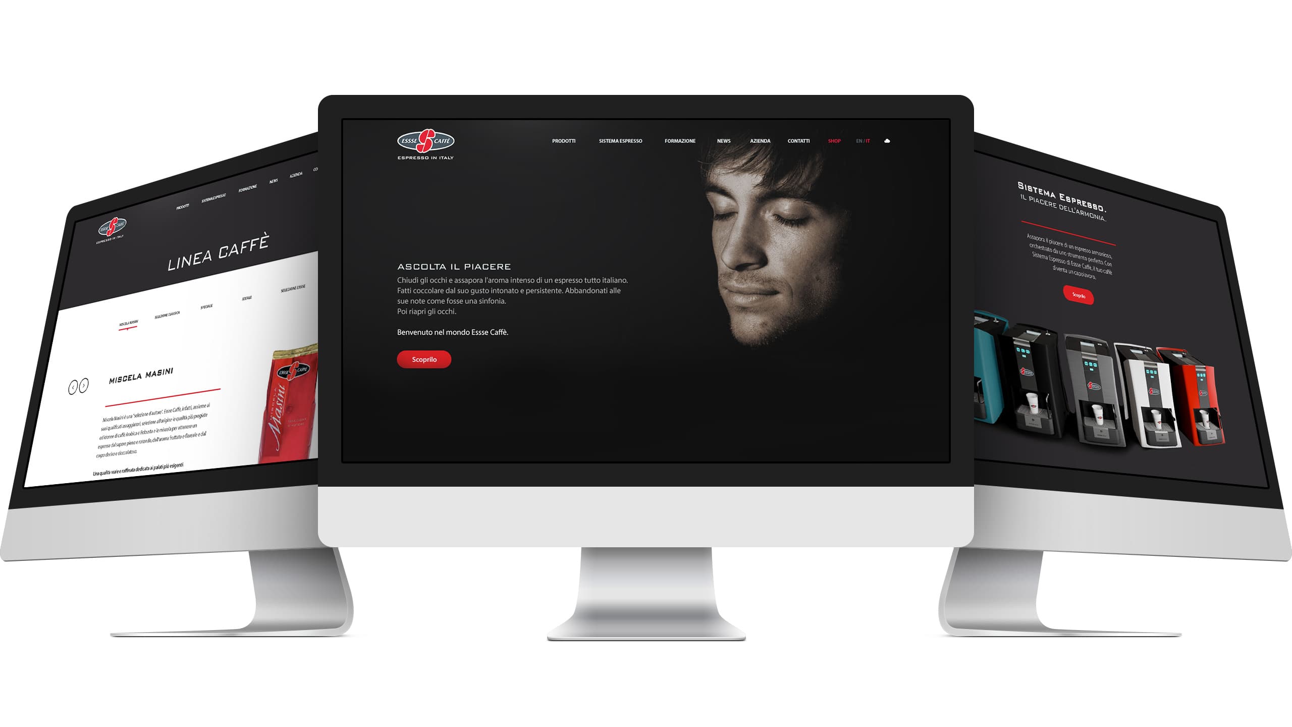 Essse Caffè site — three-screen desktop overview