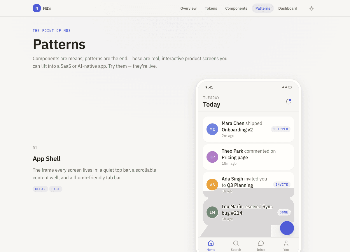 Monospace Design System — nine interactive product patterns including App Shell, AI Chat, and Command Bar