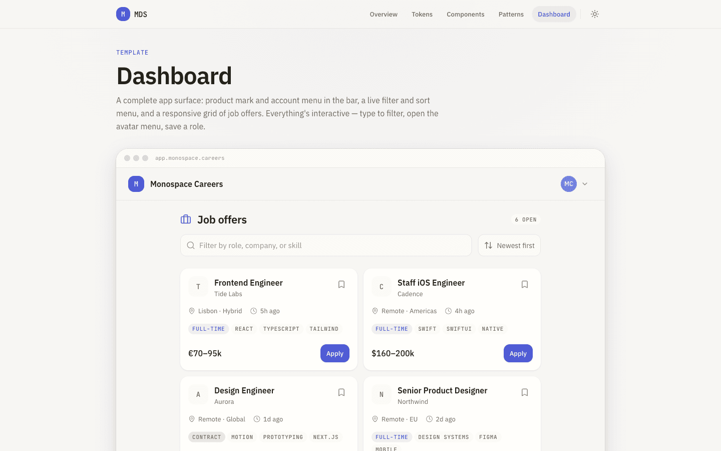 MDS Dashboard pattern — a complete app surface built entirely from MDS primitives: account menu, live filter and sort, and a responsive grid of cards