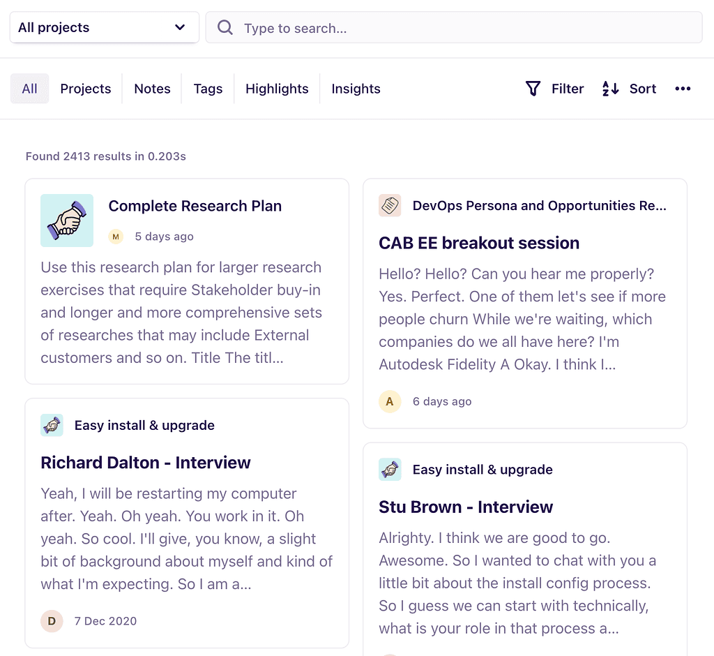 Research Ops — search, sort, and filter across all projects