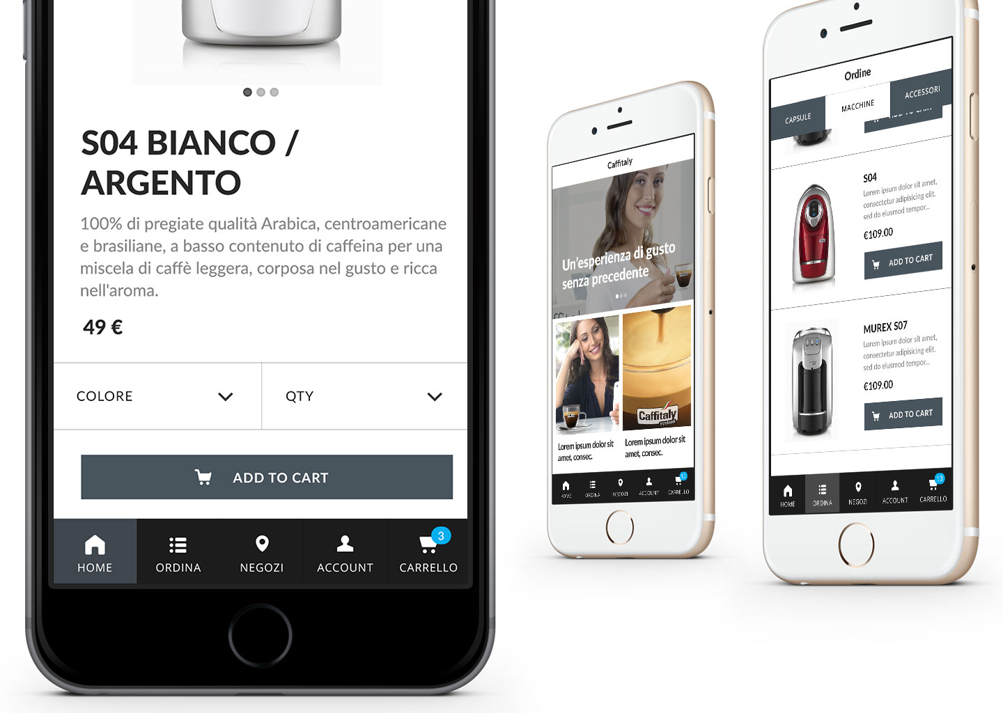 Caffitaly companion app — multi-screen mockup