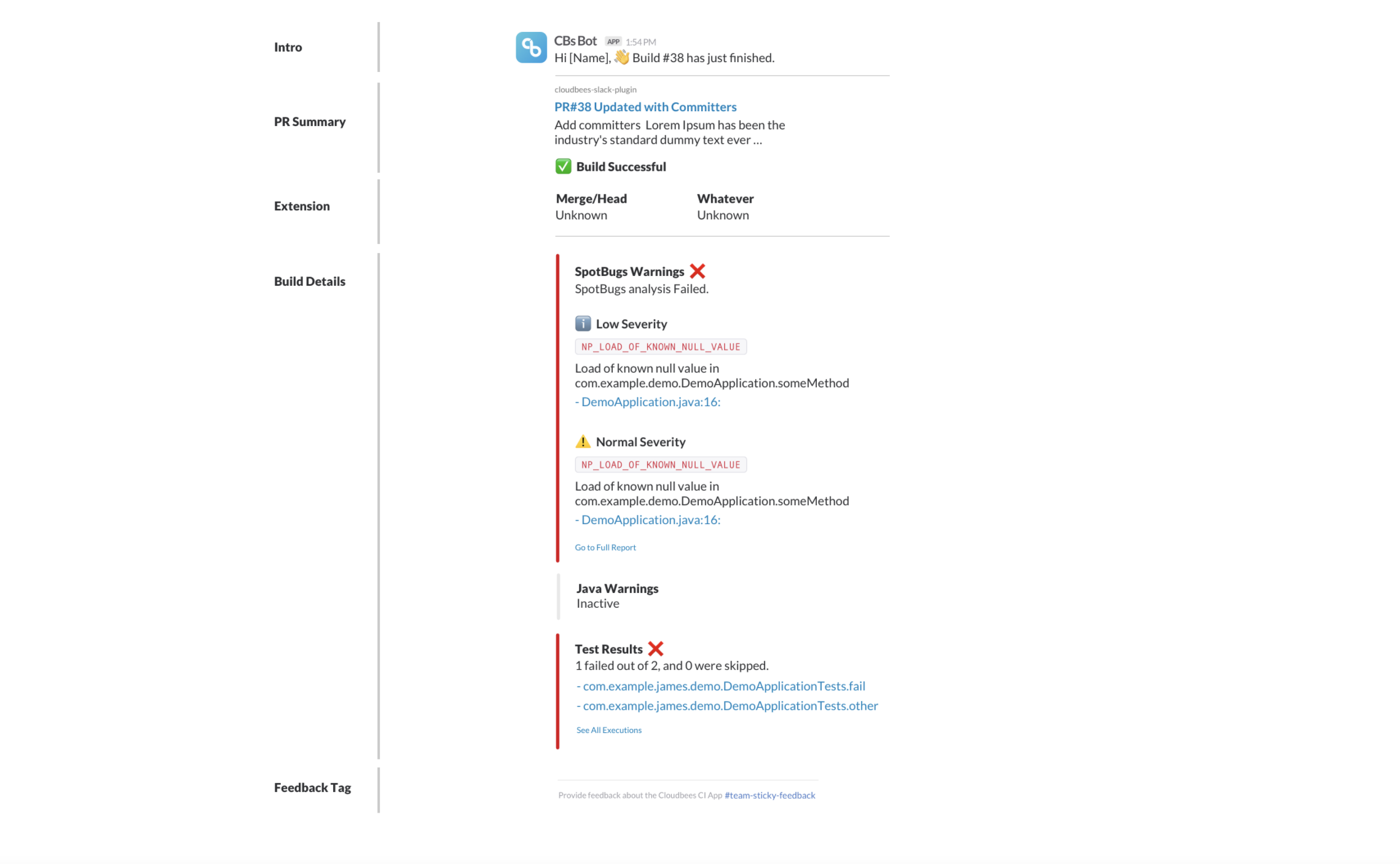 CloudBees CI Slack plugin — build notification message with quality gate results