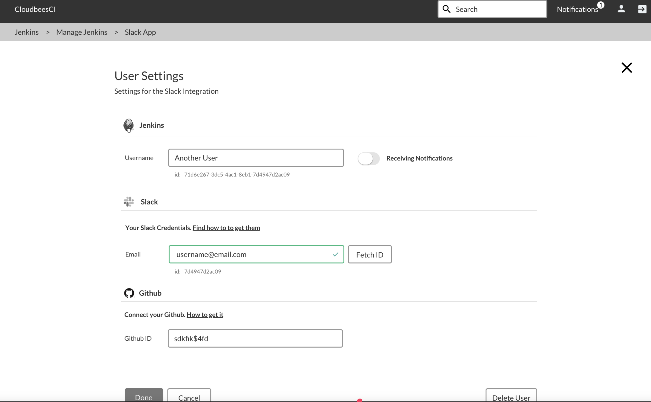 CloudBees CI Slack plugin — per-user identity settings modal