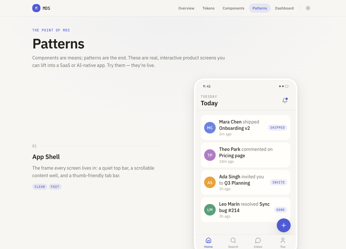 MDS Patterns — nine interactive product screens including App Shell, AI Chat, and Command Bar